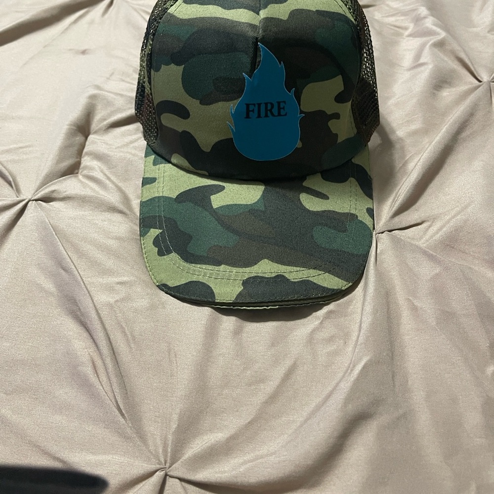 Camouflage Trucker Hat with Blue Flame Patch